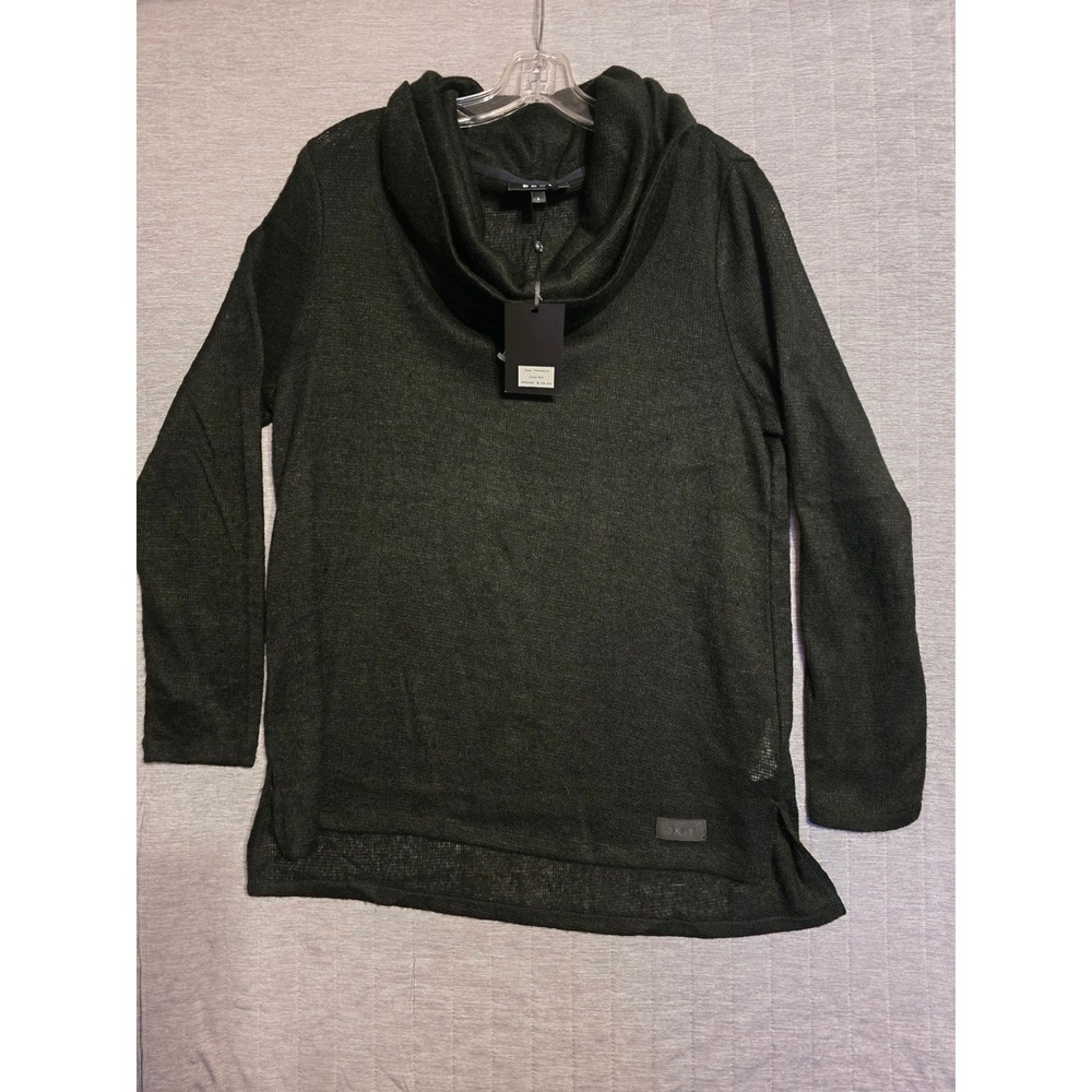 1361 DKNY Womens Cowl Neck Sweater Green Marl Knit Long Sleeve Top Size L NWT